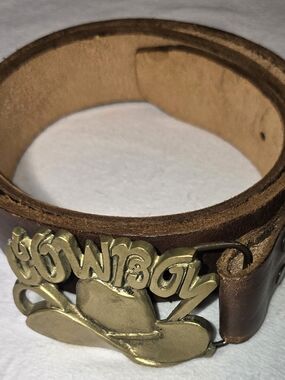 Vintage Brown Leather Cowboy Belt with Brass Cowboy Hat Accent Rodeo Western
